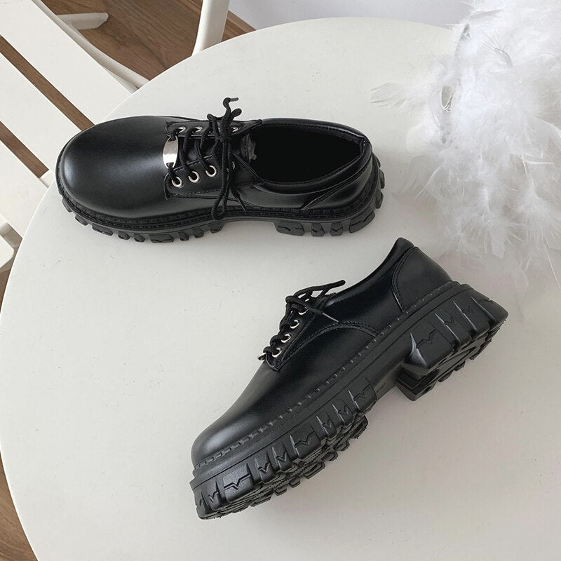Rimocy Classic Black Platform Loafers Shoes for Women Autumn Round Toe Lace-up Flats Woman Thick Bottom PU Leather Shoes