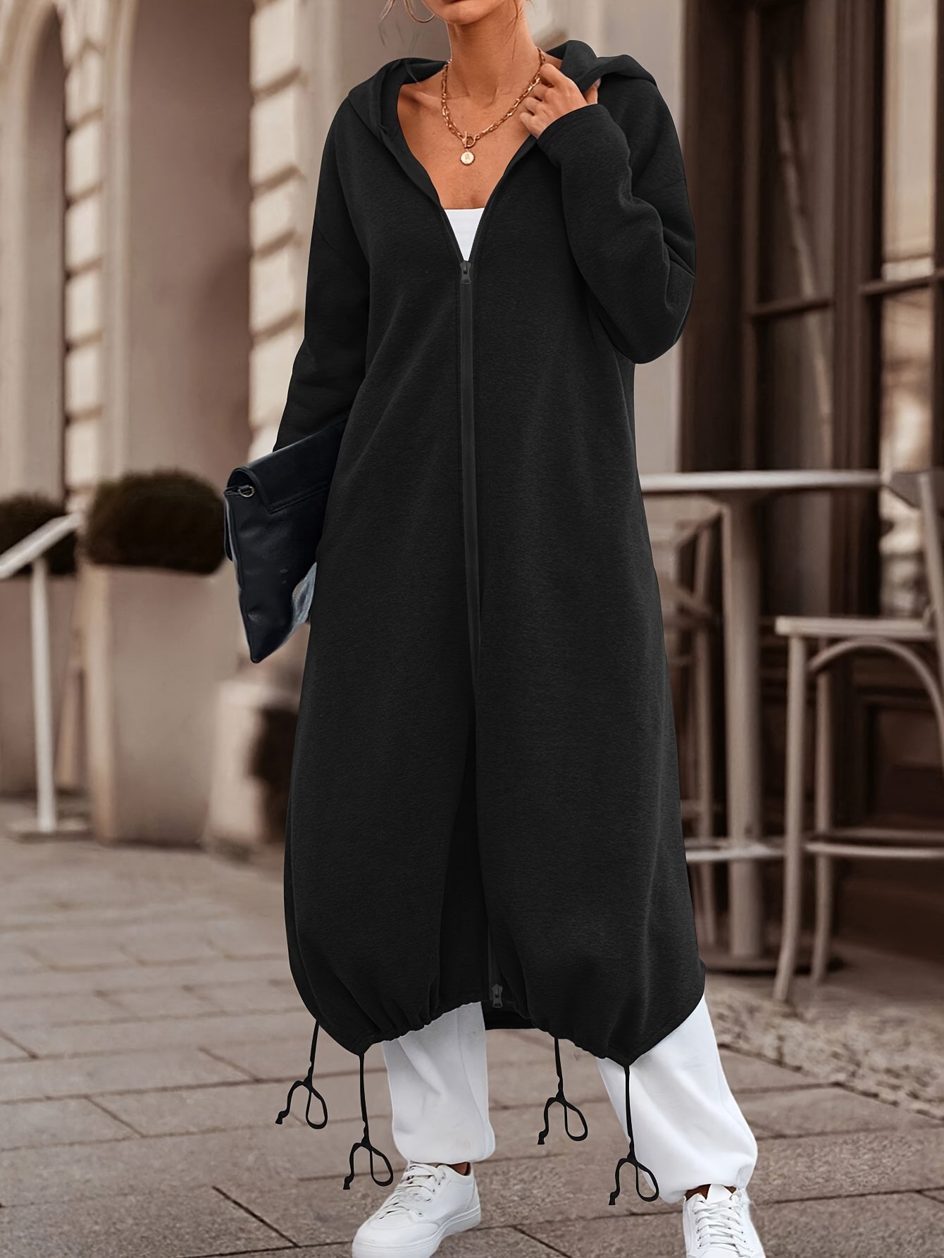 Zip-up Drawstring Midi Length Hoodie, Casual Long Sleeve Hoodie Coat, Women's Clothing