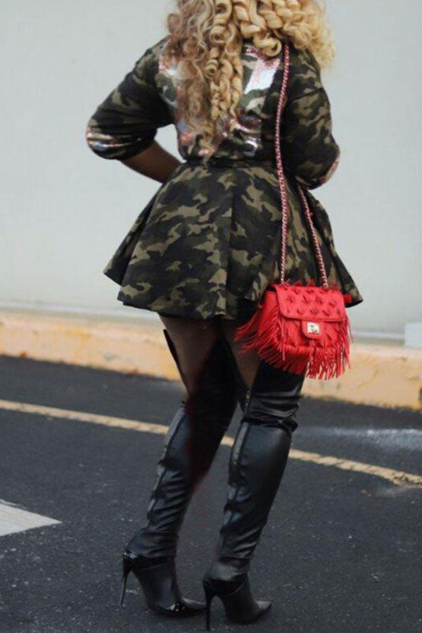 xiangtuibao Sequin Patchwork Camouflage Lapel Cute Coat With Belt