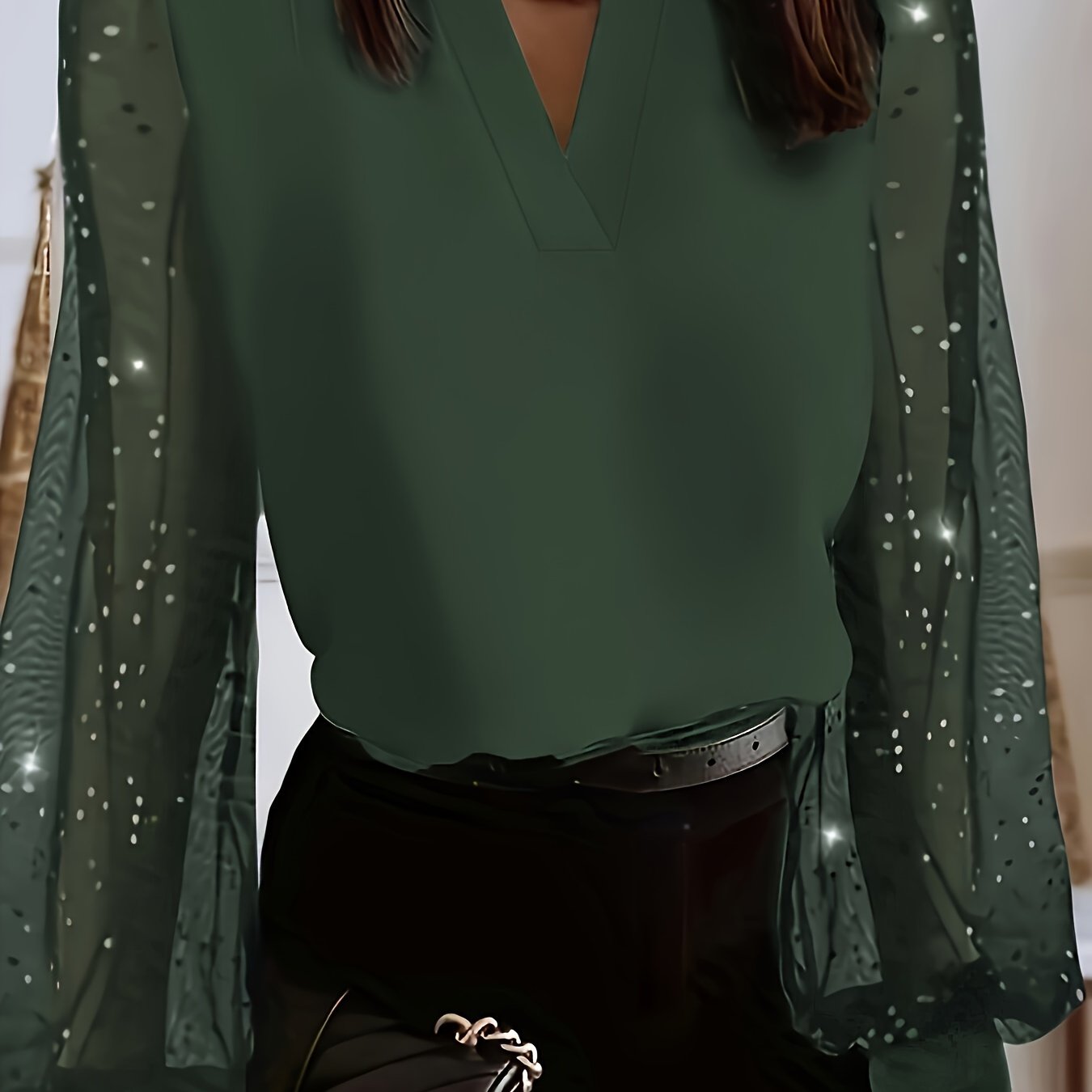 Chic Plus Size V-Neck Blouse - Sheer Mesh Accents - Long-Sleeve Design for Spring Elegance - Women's Curvy Fashion