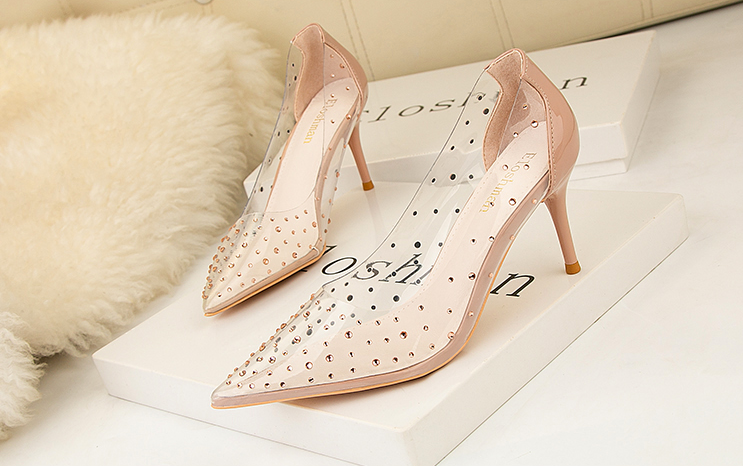 xiangtuibao Transparent high heel women's stiletto pointed wedding shoes rhinestone glass glue, star shoes