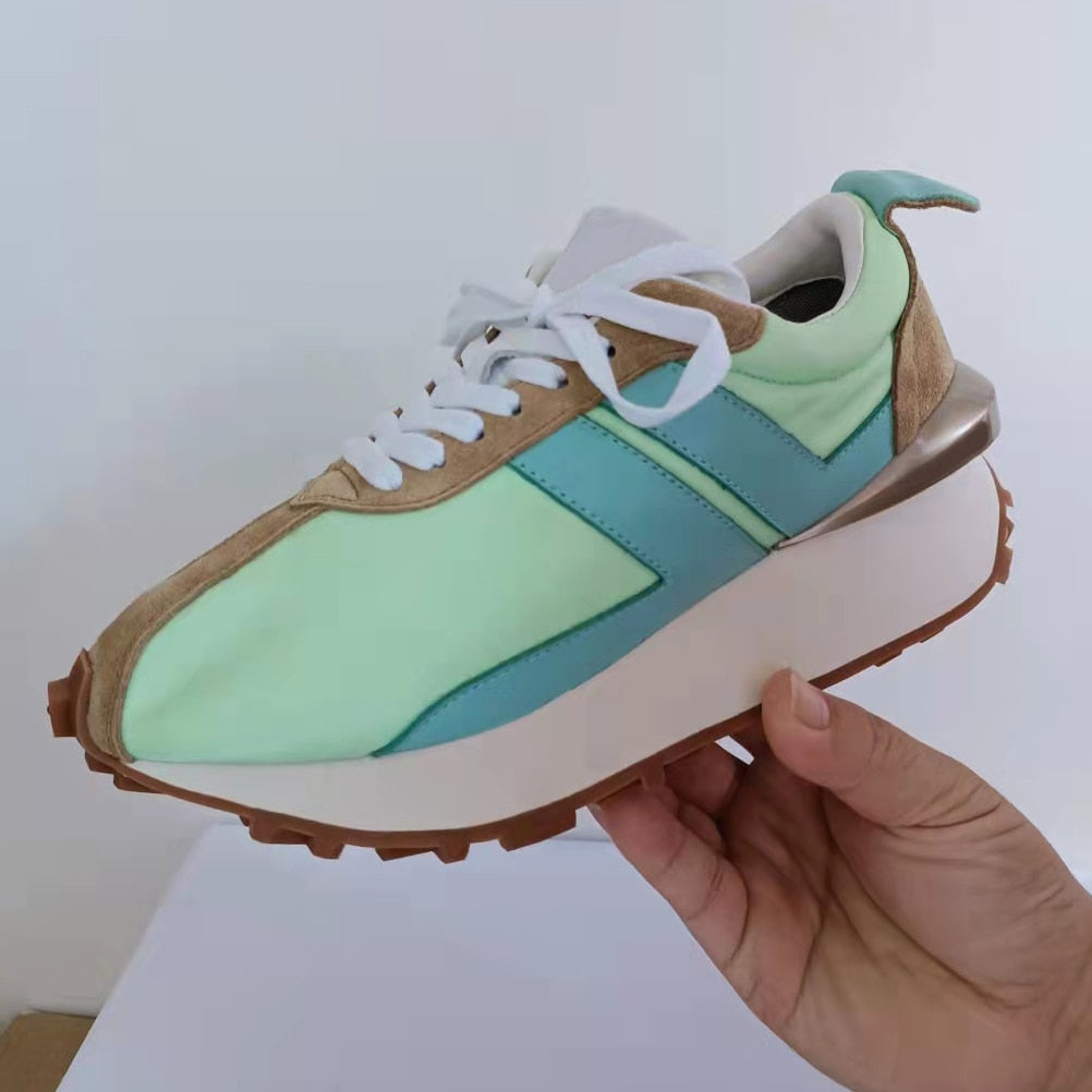 Spring Thick Sole Casual Daddy Shoes Women Flat Mixed Color Lace Up Patchwork Sneakers Outdoor Walk Tennis Shoes Unisex