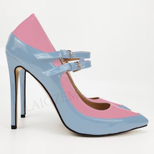 Pinpaixiong Color Contrast Women Heels Buckle Straps Desgin 12CM High Heels Shoes Women Scarpe Donna Tacones Size 34 43 44 47