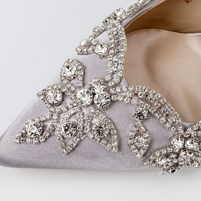 xiangtuibao Wedding Shoes Luxury Design Higher Quality Satin Full Stone Rhinestone Pointed Toe Bride Pumps Fat Square Clear Higher Heels