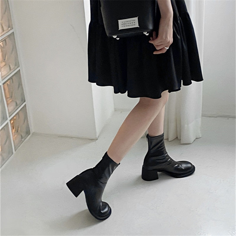 xiangtuibao Sexy Black Women Ankle Boots Chunky High Heel Elastic Sock Boot Ladies Shoes Round Toe Slim Fit Short Booties Autumn Botas Mujer