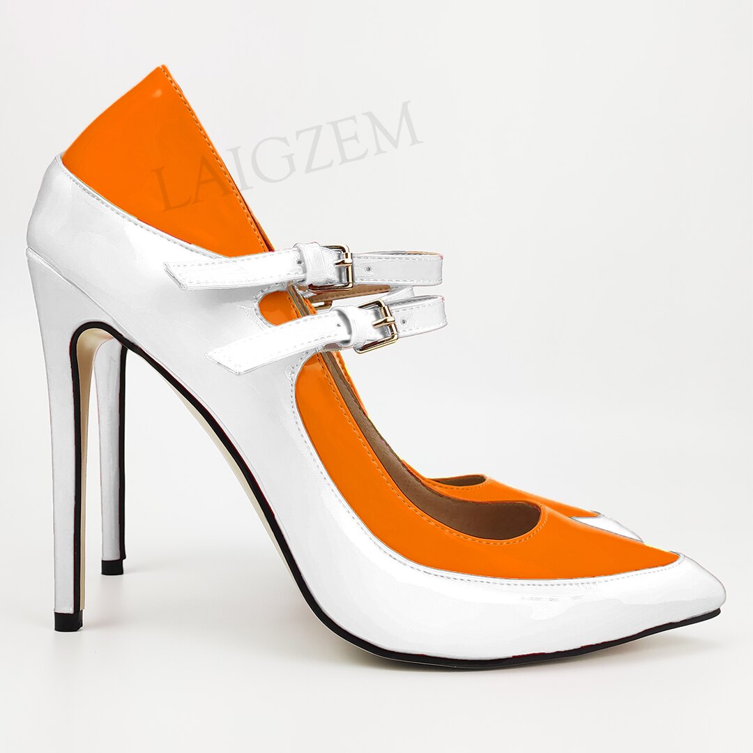 Pinpaixiong Color Contrast Women Heels Buckle Straps Desgin 12CM High Heels Shoes Women Scarpe Donna Tacones Size 34 43 44 47