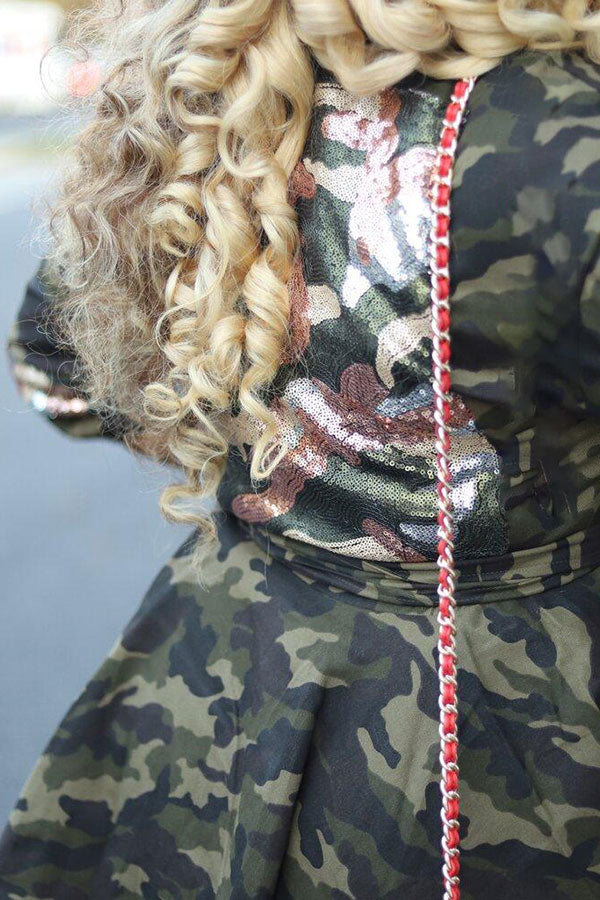 xiangtuibao Sequin Patchwork Camouflage Lapel Cute Coat With Belt