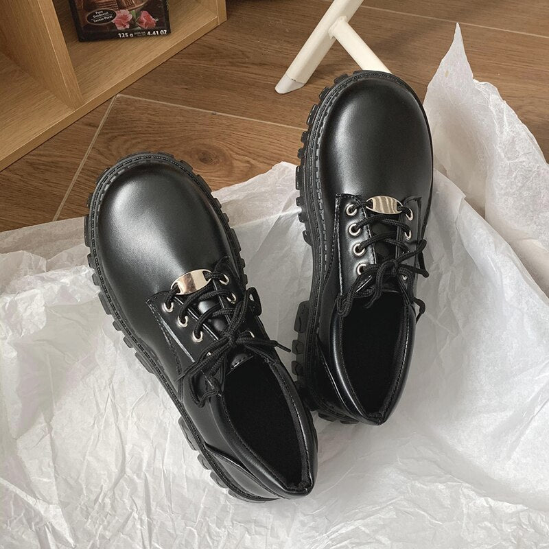 Rimocy Classic Black Platform Loafers Shoes for Women Autumn Round Toe Lace-up Flats Woman Thick Bottom PU Leather Shoes