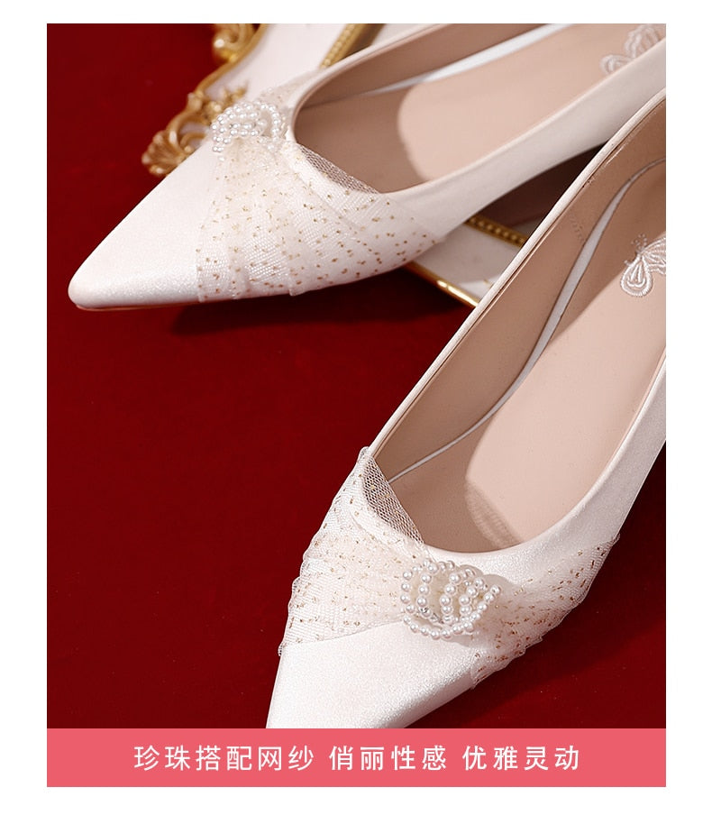 xiangtuibao Minority French Wedding Shoes Flat Bottomed New Bride Shoes White Satin Wedding Dress Shoes Women's Flat Heel Shoe