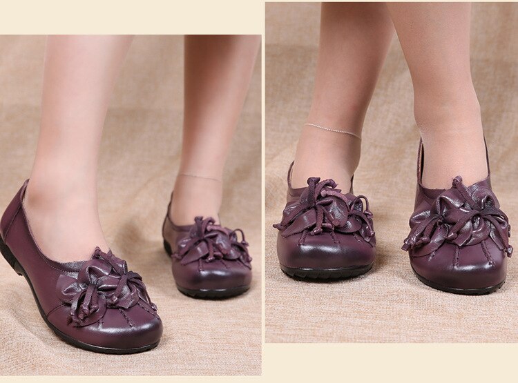 xiangtuibao Women Flats Vintage Shoes Woman Genuine Leather Shoes Ladies Flowers Flats Women Handmade Comfort Soft Bottom Mother Shoe Female