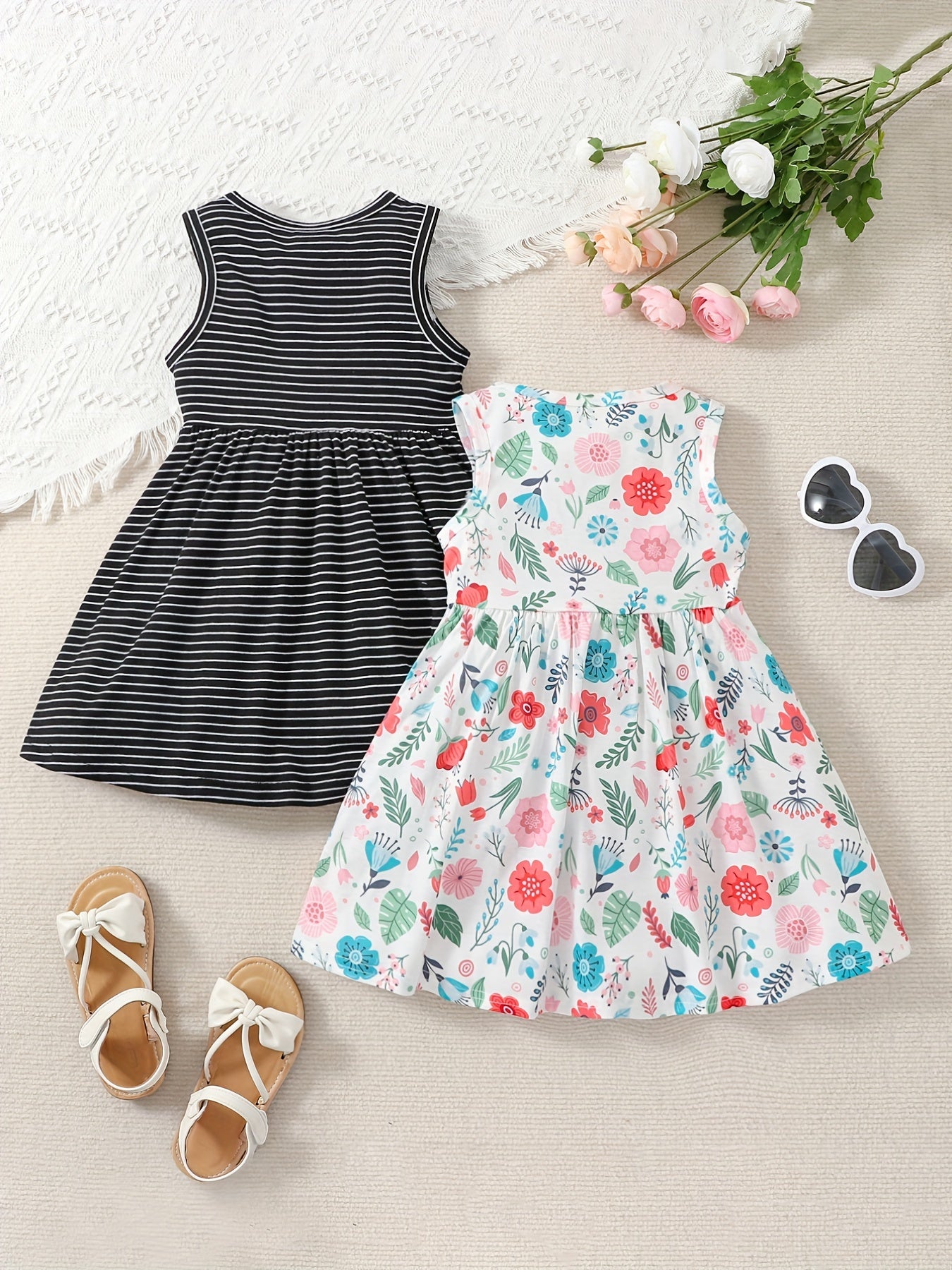 2-Piece Toddler Girls' Princess Dress Set - Sleeveless, Striped & Floral with Bow Detail - Perfect for Party, Beach & Summer