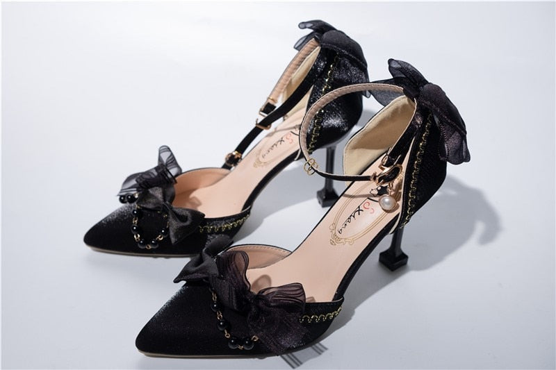 xiangtuibao Princess Female Kawaii Tea Party Japanese Cute Anime Lolita Shoes Women Harujuku Cosplay Bow Pointed Toe Feminine High Heel 8cm