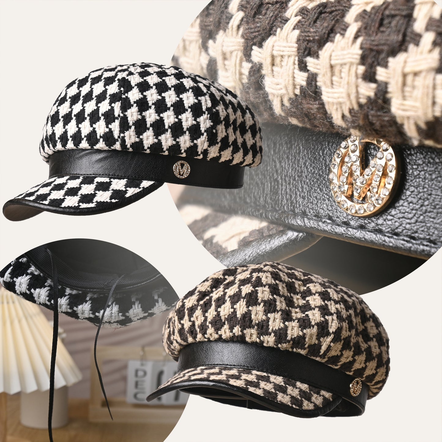 Classic Chic Houndstooth Beret Hat - French Flair, Color Block Trendsetter - Vintage Newsboy Painter Cap for Fashion-Forward Women