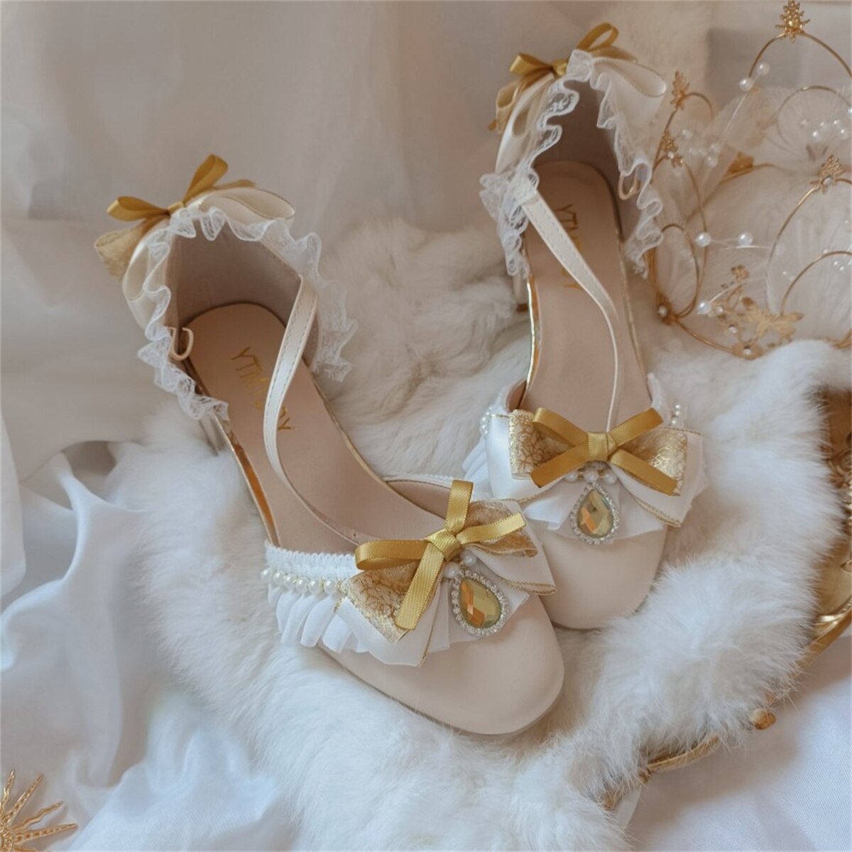 xiangtuibao Retro Court Style Lolita Cosplay Flower Wedding Girl Gorgeous Square Head Lace Ruffled Bow Gem Pearl 4.5cm High Heeled Shoes