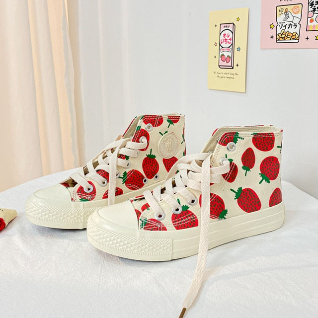xiangtuibao Strawberry Print Women Canvas Shoes Flats Women Vulcanized Shoes Lace-Up Female Casual Shoes Ladies Canvas Sneakers