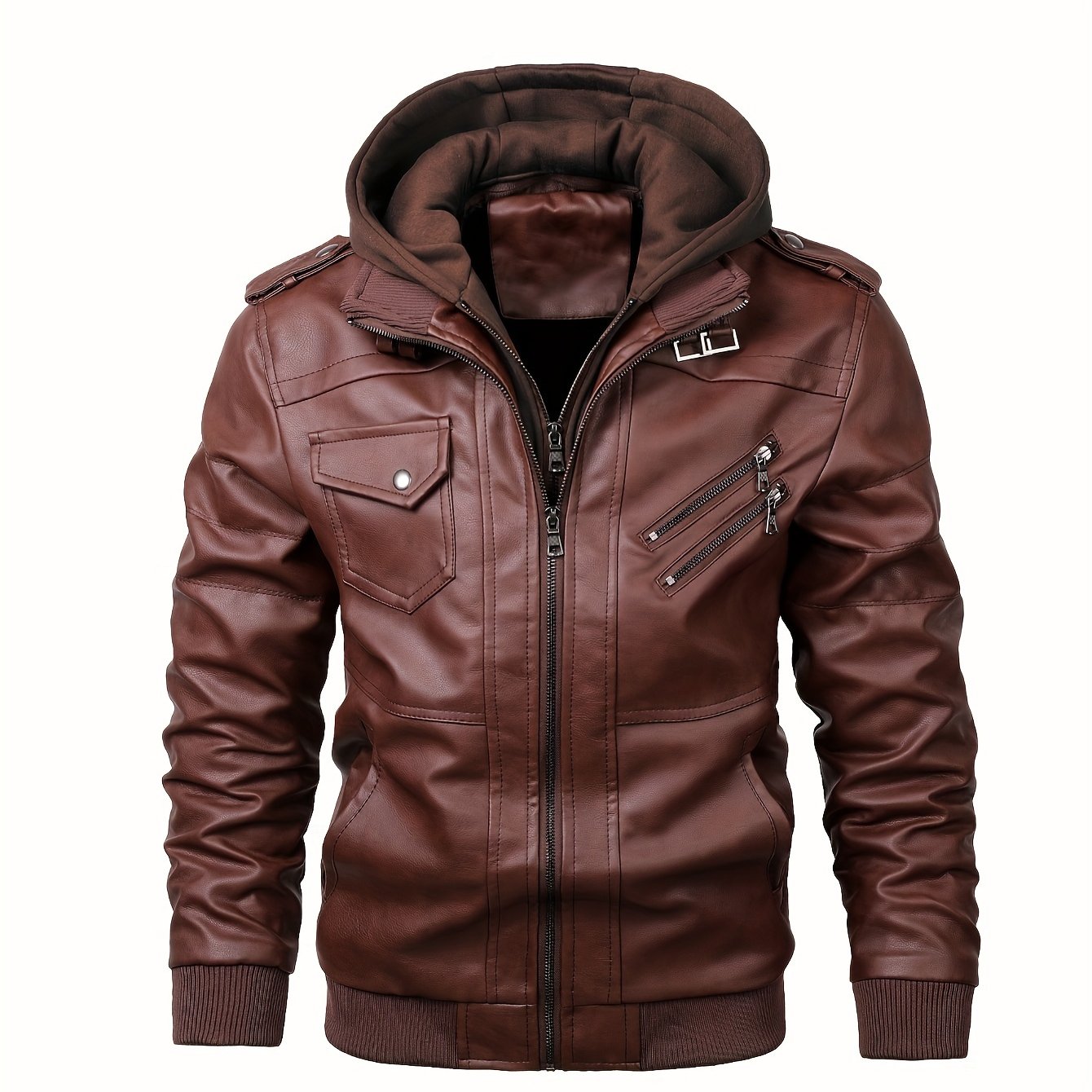 Trendy Mens PU Leather Biker Jacket - Chic Hooded Design with Zip Up Closure - Durable & Stylish Casual Wear