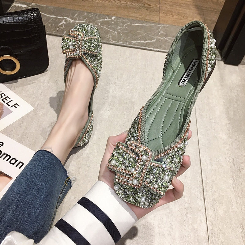 Women Ballet Flats Bling Crystal Diamond Dress Flats Ladies Bow Sequins Single Shoes Rhinestone Glitter Square Toe Size 43