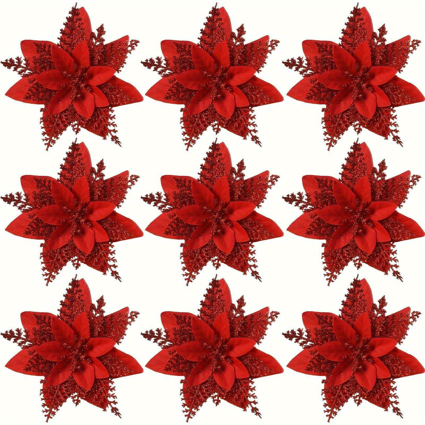 12pcs Large 5.91" Sparkling Poinsettia Artificial Flowers - Perfect for Christmas Tree & Home Party Decorations