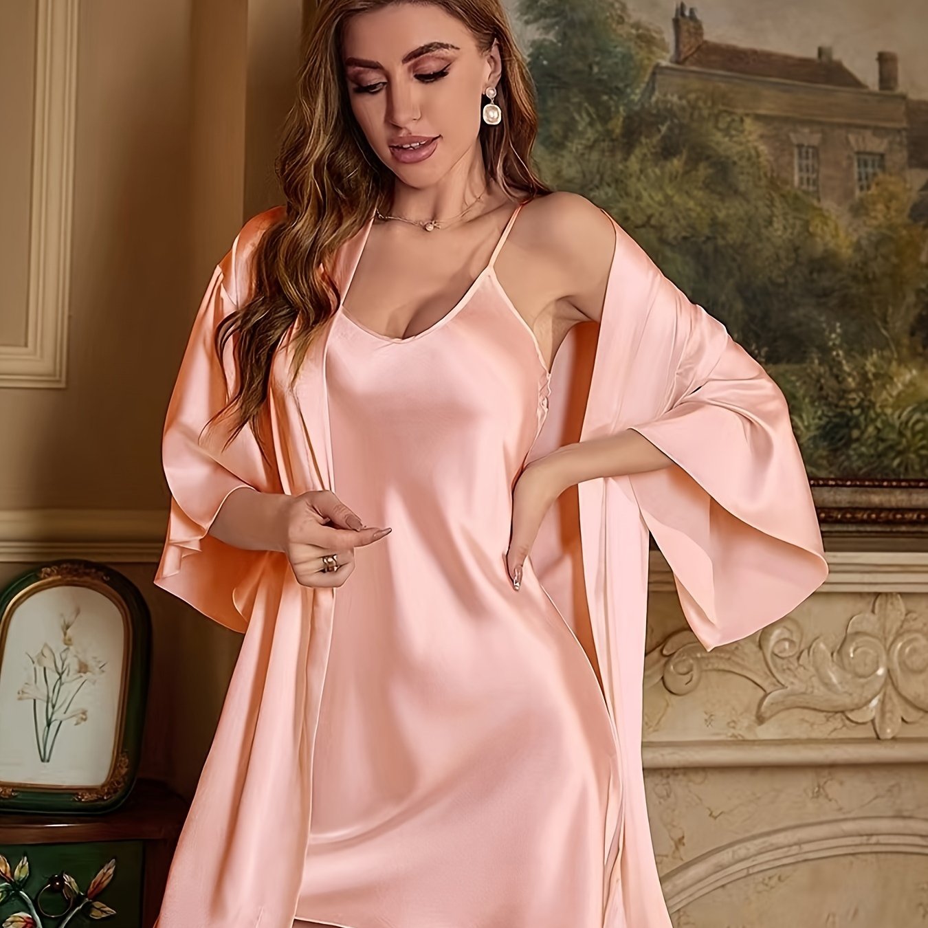 Three-Piece Luxurious Sleepwear Set - Soft Solid Satin Fabric, Stylish Three Quarter Sleeve, Elegant Belted Sleep Robe, Classic Round Neck Slip Dress - Designed for Womens Comfort and Style