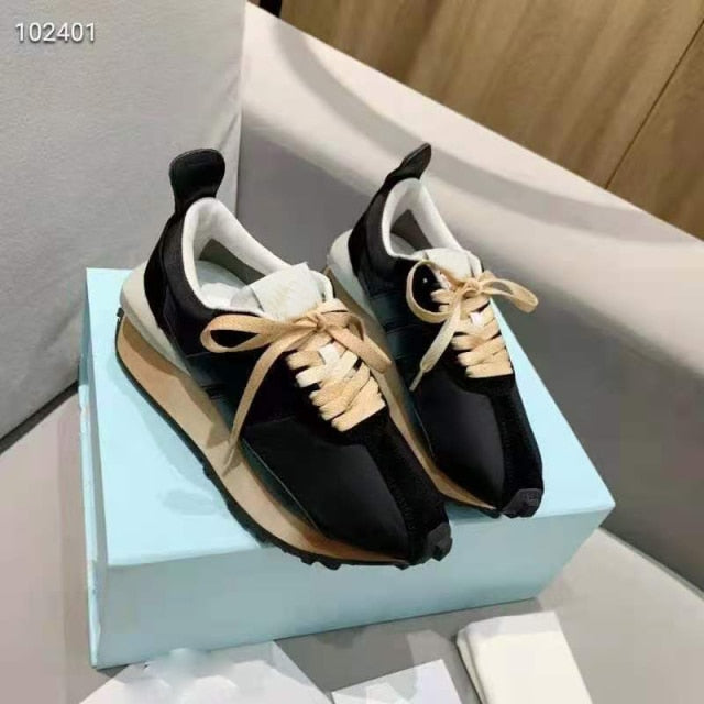 Spring Thick Sole Casual Daddy Shoes Women Flat Mixed Color Lace Up Patchwork Sneakers Outdoor Walk Tennis Shoes Unisex