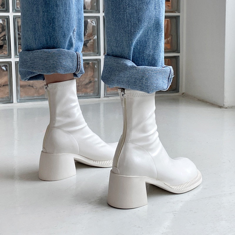 xiangtuibao Sexy Black Women Ankle Boots Chunky High Heel Elastic Sock Boot Ladies Shoes Round Toe Slim Fit Short Booties Autumn Botas Mujer