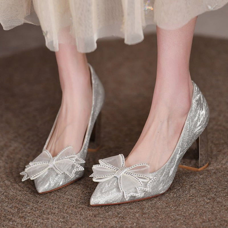 Rimocy Silk Bowknot Square Heels Pumps Women New Crystal Slip-on High Heels Shoes Ladies Sexy Point Toe Shining Party Shoes