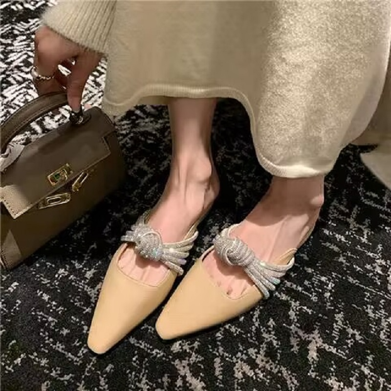 xiangtuibao Spring and summer new cloth retro square head flat back empty women's Mueller shoes rhinestone bow flip-flops