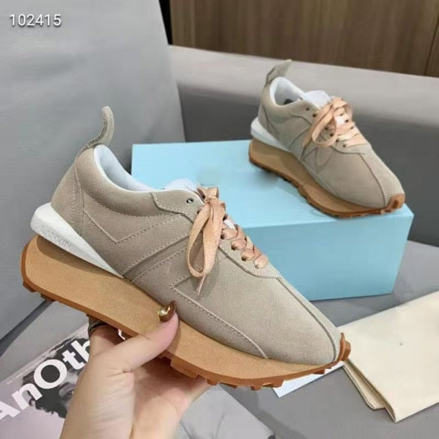 Spring Thick Sole Casual Daddy Shoes Women Flat Mixed Color Lace Up Patchwork Sneakers Outdoor Walk Tennis Shoes Unisex