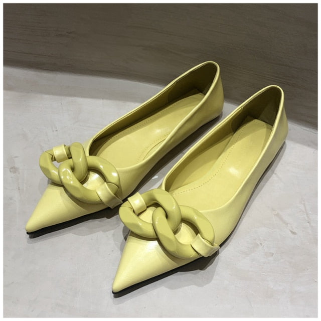 xiangtuibao Brand Design Chain Buckle Flat Shoes Women Flat Heel Ballet Pointed Toe Slip On Female Ballerina Casual Loafers