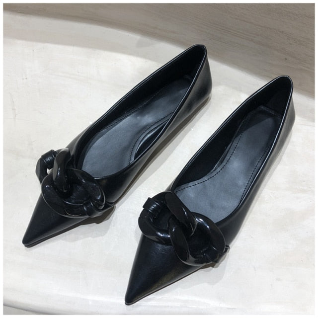 xiangtuibao Brand Design Chain Buckle Flat Shoes Women Flat Heel Ballet Pointed Toe Slip On Female Ballerina Casual Loafers