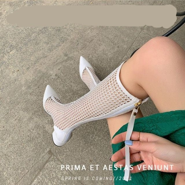 Women 's Summer Boots Thick Heel Hollow Mesh Sand Boots Pointed Toe Sexy Sandals Long Sandals Fashion