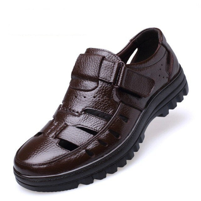 xiangtuibao Summer Men Casual Shoes Hollow High Quality Leather Man Flats Breathable Hook & Loop Male Footwear Sandals For Middle-aged