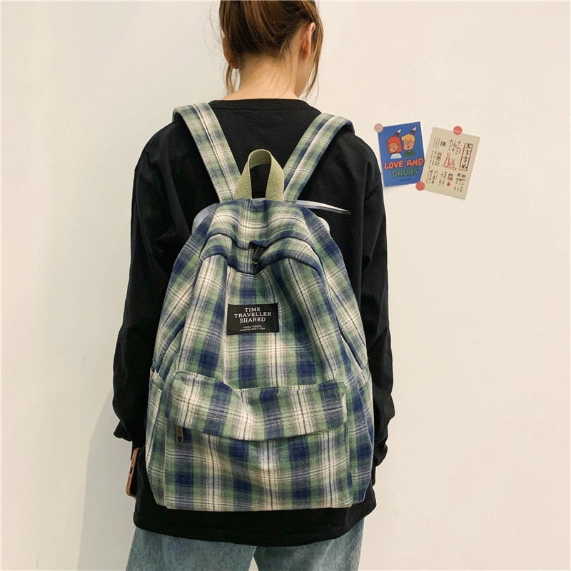 Fashion Plaid Canvas Women's Backpack Student Backpacks Teenage Girl School Bags Large Capacity Waterproof Travel Rucksack