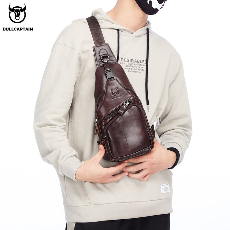BULLCAPTAIN Leather Chest Bag Men's Casual Messenger Bag Fashion Men's Chest Bag Large Capacity Business Chest Bags