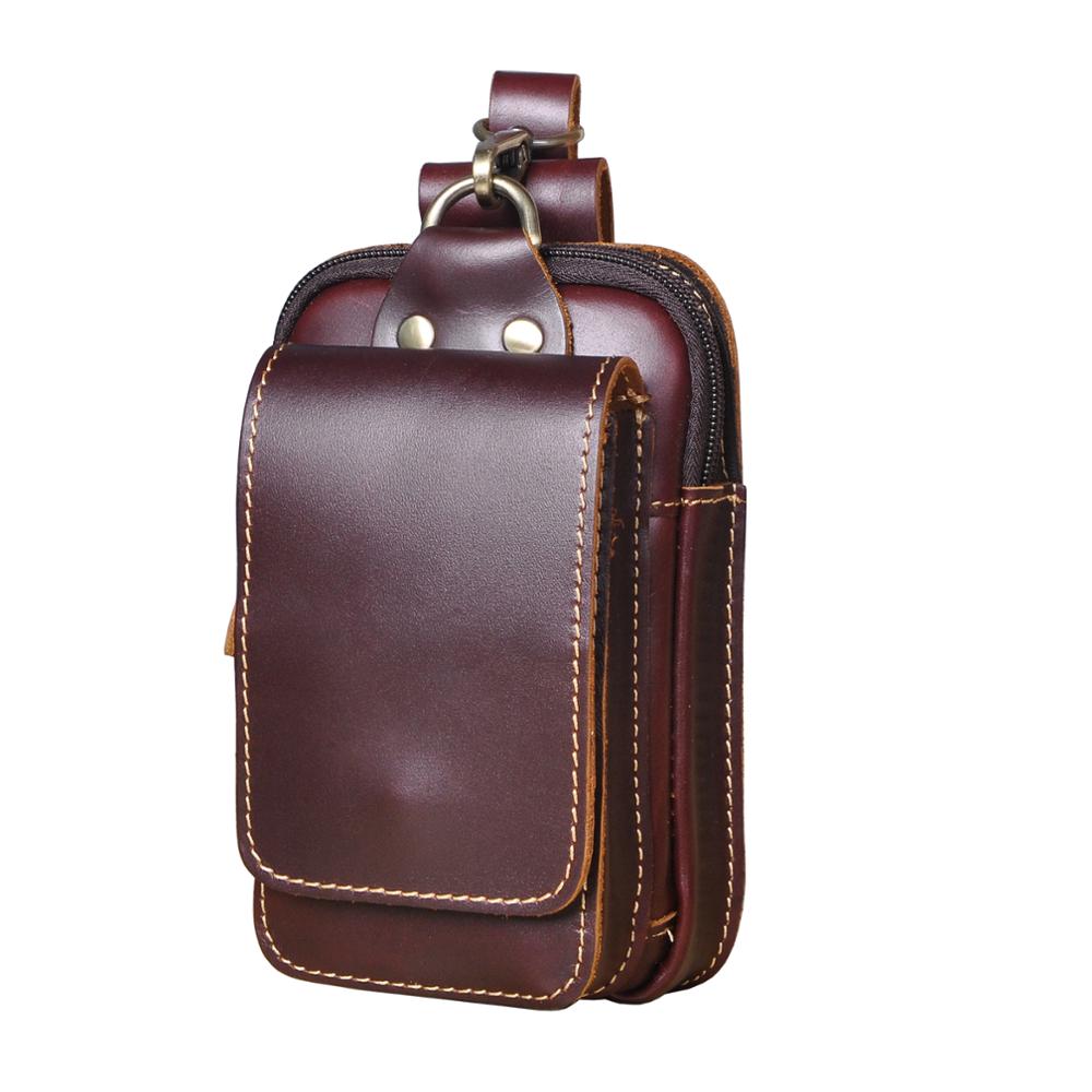 Real Leather men Casual Design Small Waist Bag Cowhide Fashion Hook Bum Bag Waist Belt Pack Cigarette Case 5.5" Phone Pouch 1609