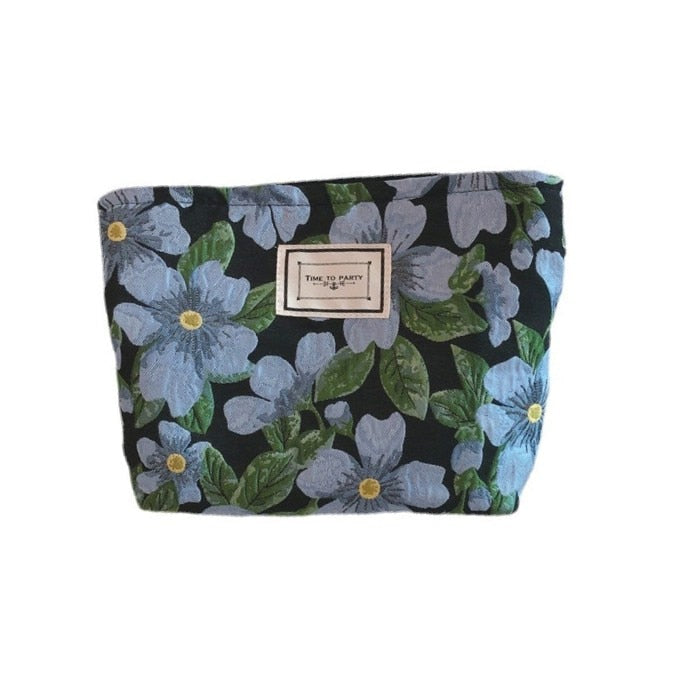 1 Pc Vintage Flower Jacquard Cloth Cosmetic Bag for Women Makeup Organizer Bag Canvas Large Capacity Zipper Lady Handbag