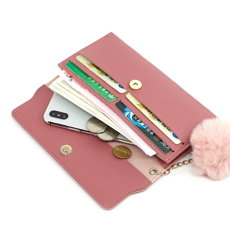 Fashionable New Women Long Wallets Pure Color Wool Ball Bow Clutch Bag Women's Long Bag Card Bag Coin Purse