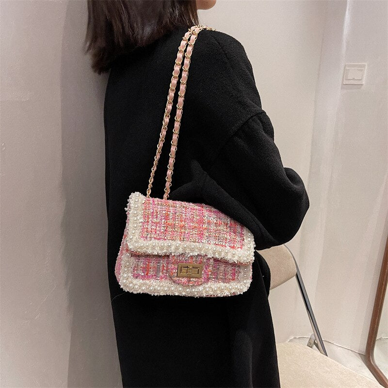 Autumn winter fashion pearls decorative plaid tweed female shoulder messenger small bags design for ladies crossbody bags