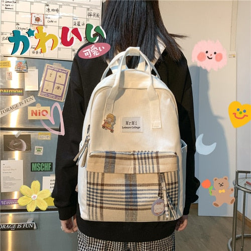 Female Canvas Backpacks for School Teenagers Girls Small Fresh Plaid School Bag Kawaii Bookbag Korean College New Mochilas