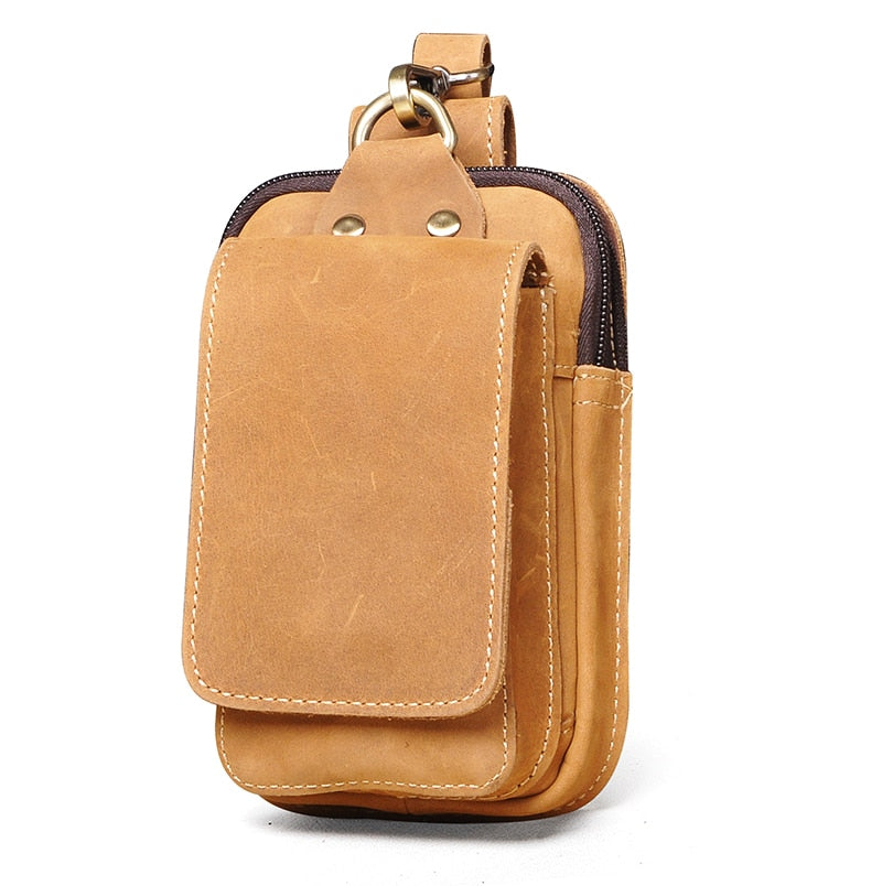 Real Leather men Casual Design Small Waist Bag Cowhide Fashion Hook Bum Bag Waist Belt Pack Cigarette Case 5.5" Phone Pouch 1609