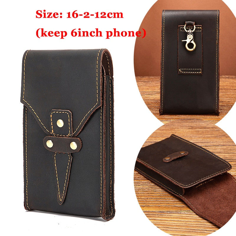 Real Leather men Casual Design Small Waist Bag Cowhide Fashion Hook Bum Bag Waist Belt Pack Cigarette Case 5.5" Phone Pouch 1609