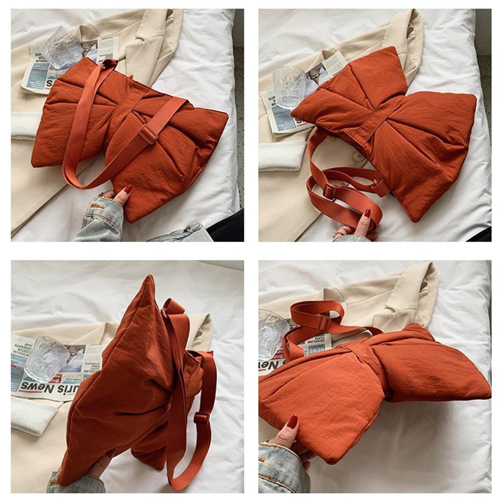 Solid Color Big Bow-Knot Shoulder Bags for Women Chic Luxury Designer Handbags Office Ladies Casual High Capacity Messenger Bag