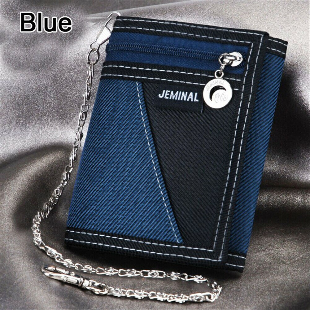 New Fashion Men Boys Girls Plain Canvas Tri-Fold Wallet Card Cash Wallet with Chain