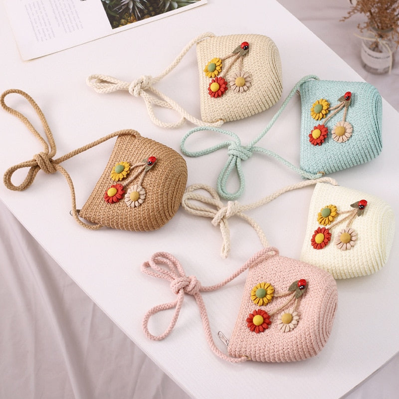 Kids Girls Large Wide Brim Straw Woven Sun Protection Beach Hat Colorful Flowers Summer Floppy Bucket Cap Portable Mini Handbag