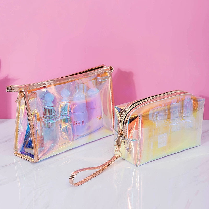 PURDORED 1 Pc Colorful Holographic Women Cosmetic Bag TPU Clear Makeup Bag Beauty Organizer Pouch Travel Clear Makeup Kit Case