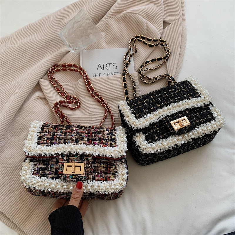 Autumn winter fashion pearls decorative plaid tweed female shoulder messenger small bags design for ladies crossbody bags