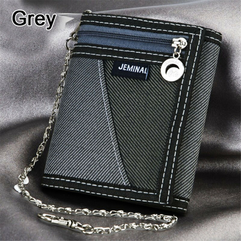 New Fashion Men Boys Girls Plain Canvas Tri-Fold Wallet Card Cash Wallet with Chain