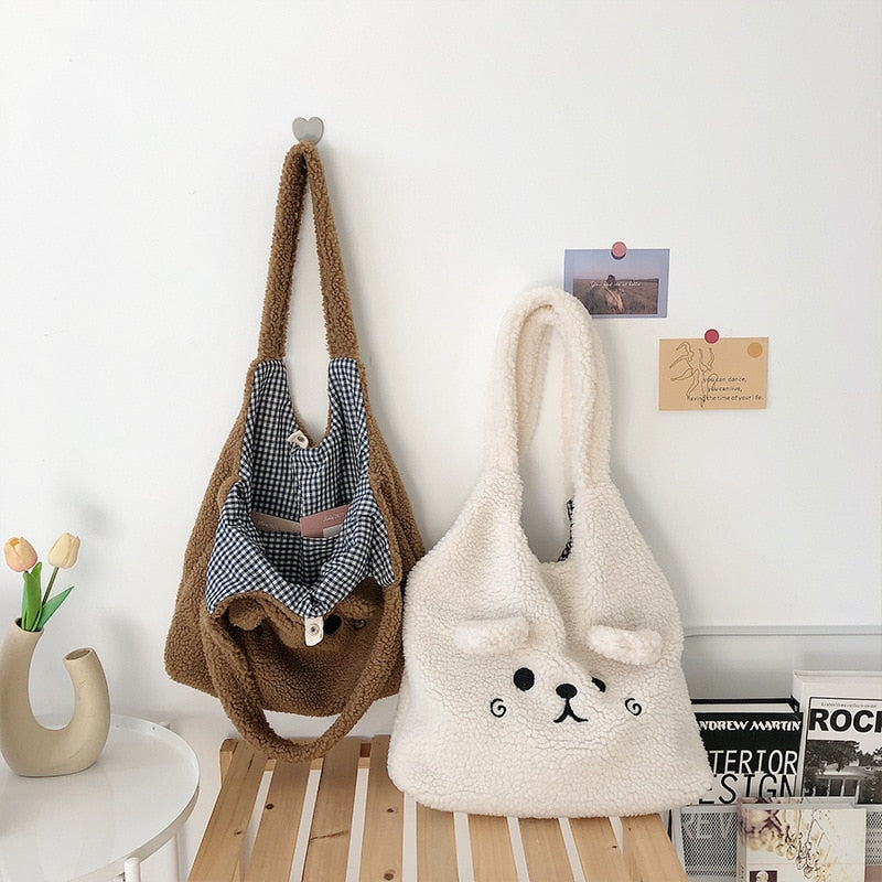 New Winter Soft Plush Tote Bag Women Cartoon Embroidery Imitation Lamb Hair Shoulder Bag For Women Shopper Bag Bolsa