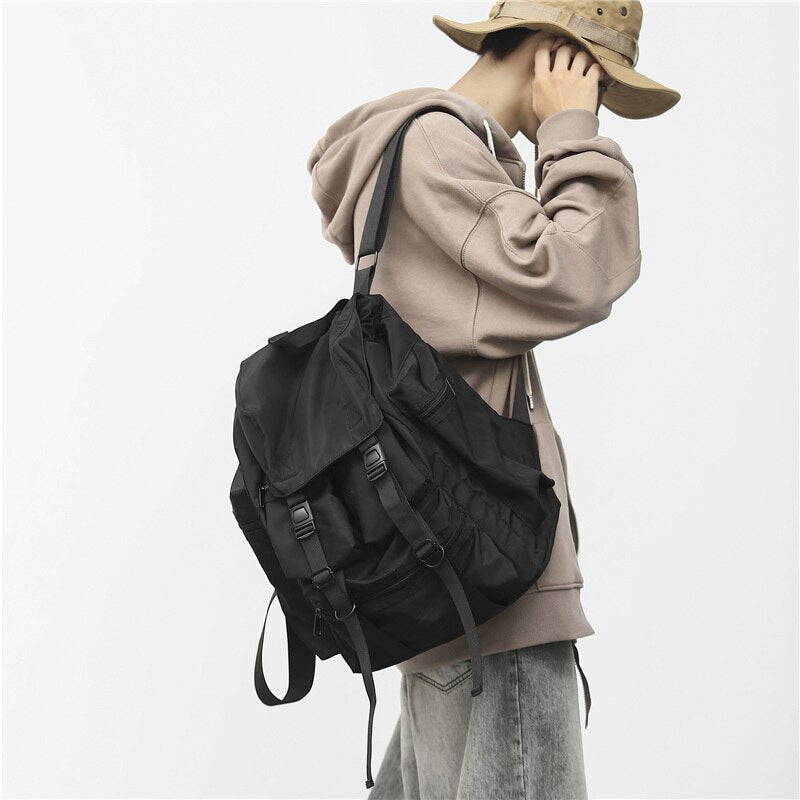 Solid Black Men's Backpacks Cool Streetwear Style Man Backpack Harajuku Large Capacity School Bags Waterproof Nylon Bags for Men