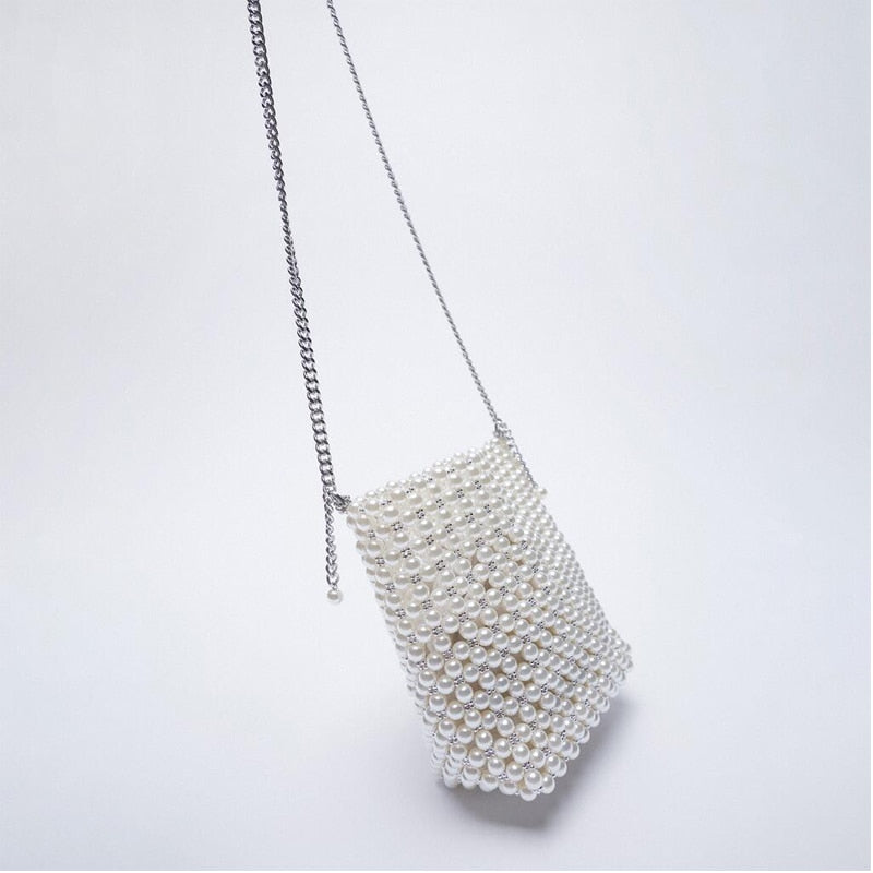 ZA New Pearl Beaded Bag White Beaded Fairy Portable Messenger Bags with Chain Female Purses and Handbags Cross Body Bag Woman